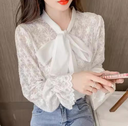 Új modell csipke női ing szalaggal és hosszú ujjal