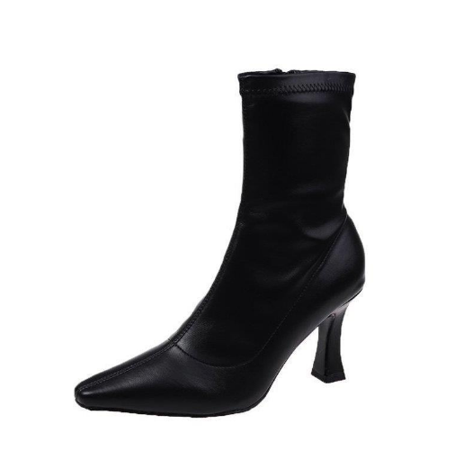 Кожени дамски боти с ток в черен цвят