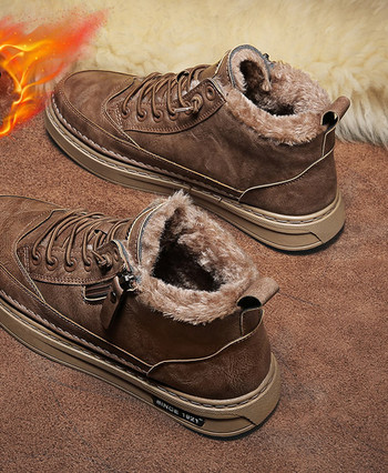 Зимни обувки от еко кожа с топла подплата и равна подметка за мъже 