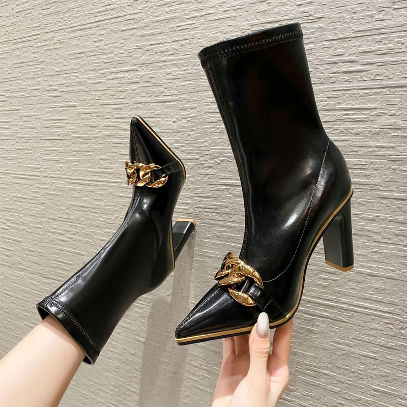 SUOJIALUN 2022. Novi brend Ženske gležnjače, Modne kratke čizme sa šiljatim prstima sa zlatnim lancem, Elastične cipele s natikačima Chelsea čizme