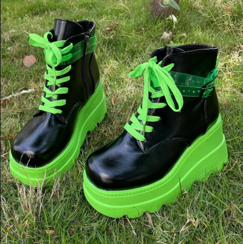 Πανκ Πράσινες Λουστρίνι Μπότες Γυναικείες Από Συνθετικό Δερμάτινο Πλατφόρμα Μποτάκια Αστραγάλου Μόδα χοντρό κάτω
