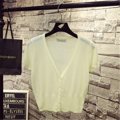 Korejas modes M-XL Vasaras pavasaris Sieviešu V veida kakla trikotāžas brīvi džemperi Sieviešu džemperi ar īsām piedurknēm Adīšana Virsdrēbes Z3284