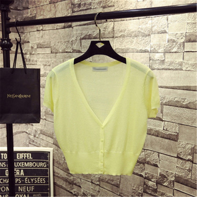 Korejas modes M-XL Vasaras pavasaris Sieviešu V veida kakla trikotāžas brīvi džemperi Sieviešu džemperi ar īsām piedurknēm Adīšana Virsdrēbes Z3284