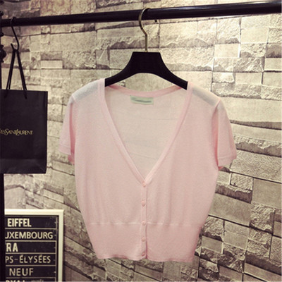 Korejas modes M-XL Vasaras pavasaris Sieviešu V veida kakla trikotāžas brīvi džemperi Sieviešu džemperi ar īsām piedurknēm Adīšana Virsdrēbes Z3284