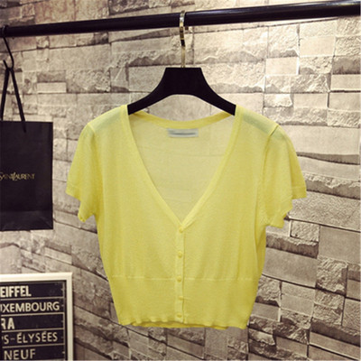Korejas modes M-XL Vasaras pavasaris Sieviešu V veida kakla trikotāžas brīvi džemperi Sieviešu džemperi ar īsām piedurknēm Adīšana Virsdrēbes Z3284
