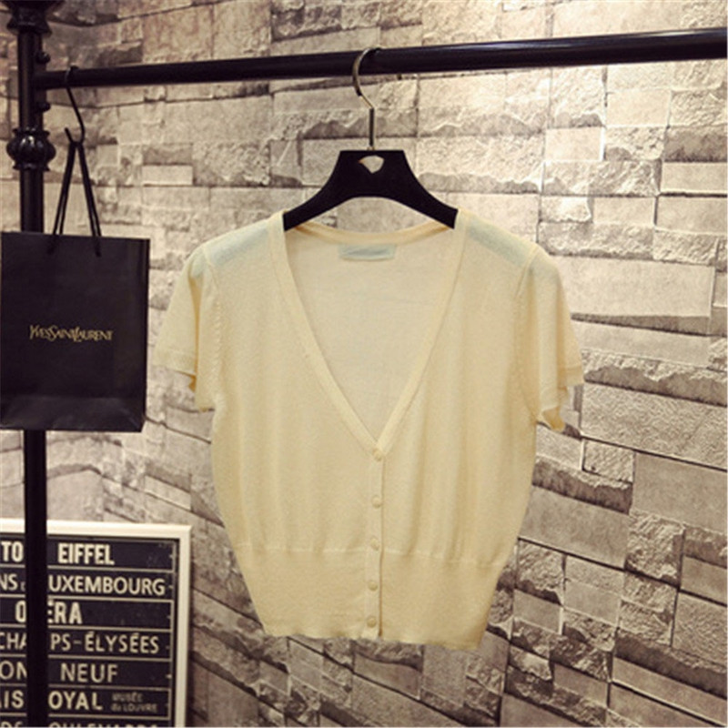 Korejas modes M-XL Vasaras pavasaris Sieviešu V veida kakla trikotāžas brīvi džemperi Sieviešu džemperi ar īsām piedurknēm Adīšana Virsdrēbes Z3284