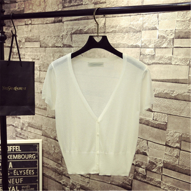 Korejas modes M-XL Vasaras pavasaris Sieviešu V veida kakla trikotāžas brīvi džemperi Sieviešu džemperi ar īsām piedurknēm Adīšana Virsdrēbes Z3284