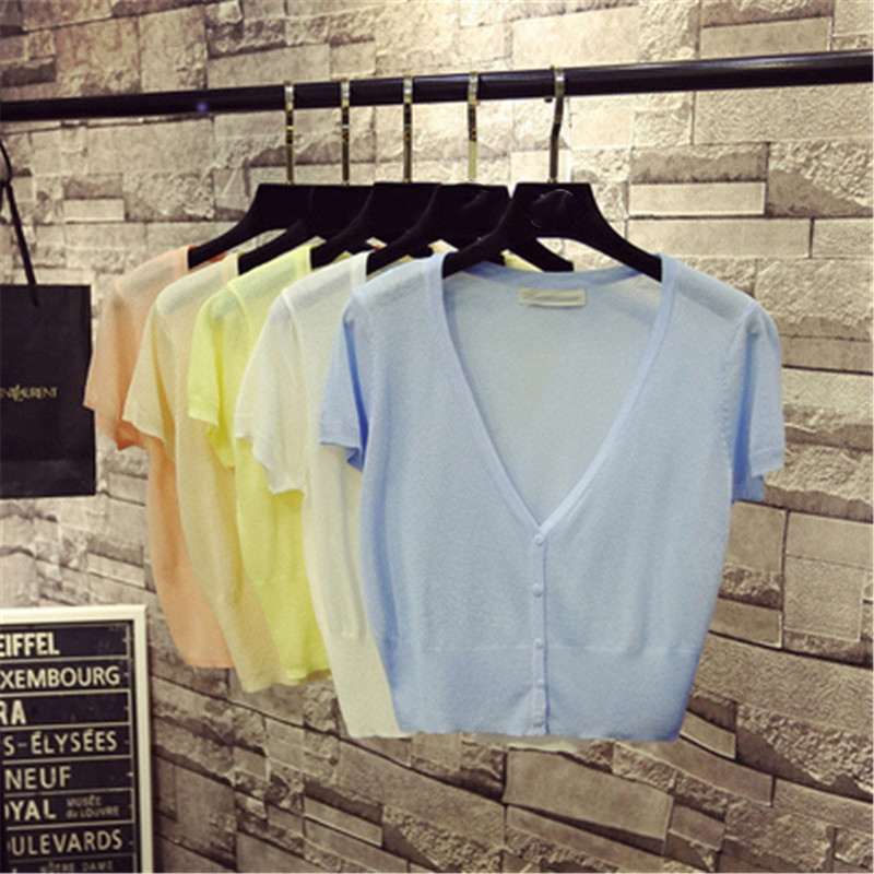 Korejas modes M-XL Vasaras pavasaris Sieviešu V veida kakla trikotāžas brīvi džemperi Sieviešu džemperi ar īsām piedurknēm Adīšana Virsdrēbes Z3284