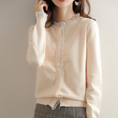 Sieviešu džemperis 2022. gada pavasarī, jauns, sēnīšu apmales mežģīnes, tumšas pogas, apaļa kakla jaka, silta, brīva, adīta svīteri