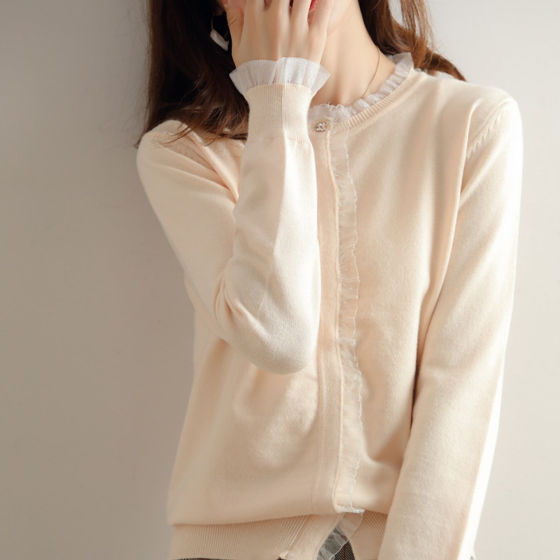 Sieviešu džemperis 2022. gada pavasarī, jauns, sēnīšu apmales mežģīnes, tumšas pogas, apaļa kakla jaka, silta, brīva, adīta svīteri