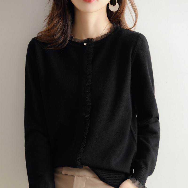 Sieviešu džemperis 2022. gada pavasarī, jauns, sēnīšu apmales mežģīnes, tumšas pogas, apaļa kakla jaka, silta, brīva, adīta svīteri