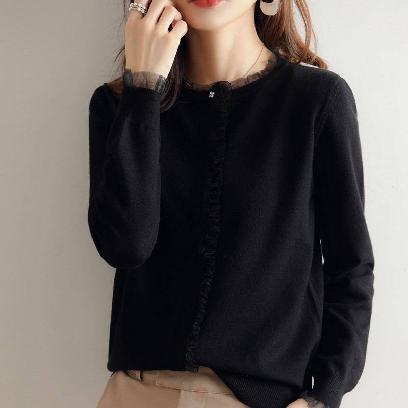 Sieviešu džemperis 2022. gada pavasarī, jauns, sēnīšu apmales mežģīnes, tumšas pogas, apaļa kakla jaka, silta, brīva, adīta svīteri