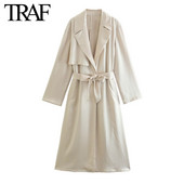 TRAF Sieviešu pavasaris un rudens jauns ikdienas uzvalks ar garām piedurknēm, mežģīņu uzvalks apkakles augšdaļa vienkrāsains zīda satīna vējjaka