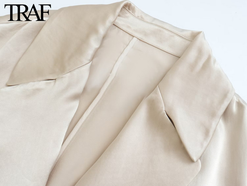 TRAF Sieviešu pavasaris un rudens jauns ikdienas uzvalks ar garām piedurknēm, mežģīņu uzvalks apkakles augšdaļa vienkrāsains zīda satīna vējjaka