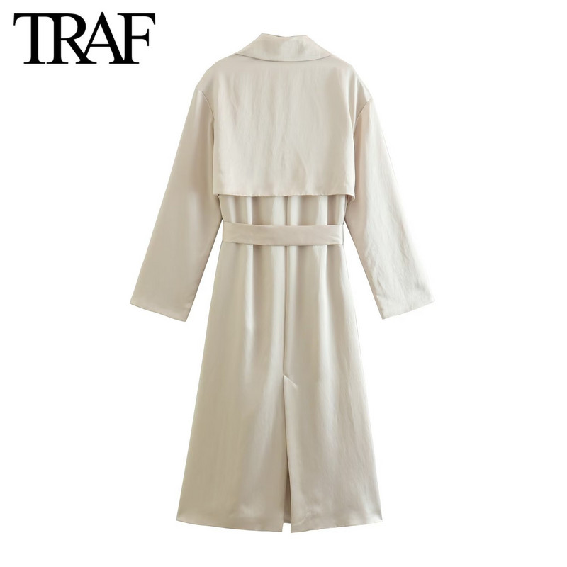 TRAF Sieviešu pavasaris un rudens jauns ikdienas uzvalks ar garām piedurknēm, mežģīņu uzvalks apkakles augšdaļa vienkrāsains zīda satīna vējjaka