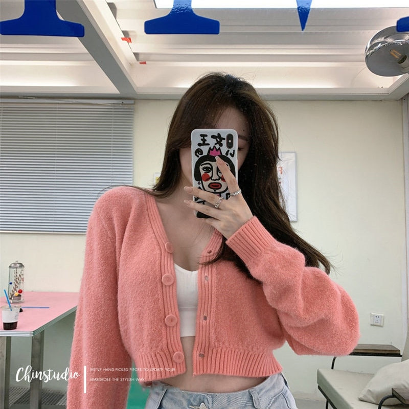 Sieviešu rozā jaciņas Džemperis Korejiešu brīvs vienrindas trikotāžas jakas Trikotāžas Ziemas jaka Mētelis Ārdrēbes