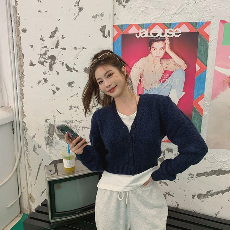 Sieviešu rozā jaciņas Džemperis Korejiešu brīvs vienrindas trikotāžas jakas Trikotāžas Ziemas jaka Mētelis Ārdrēbes