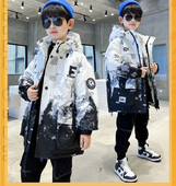 Ziemas bērnu drēbes biezas, siltas kokvilnas jaka ar kapuci zēniem 110-160cm vidējais lielais mētelis bērnu sniega tērps virsdrēbes