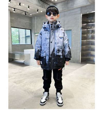 Ziemas bērnu drēbes biezas, siltas kokvilnas jaka ar kapuci zēniem 110-160cm vidējais lielais mētelis bērnu sniega tērps virsdrēbes