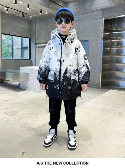 Ziemas bērnu drēbes biezas, siltas kokvilnas jaka ar kapuci zēniem 110-160cm vidējais lielais mētelis bērnu sniega tērps virsdrēbes