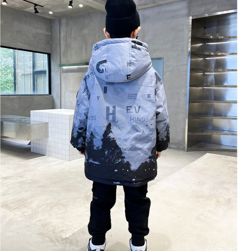 Ziemas bērnu drēbes biezas, siltas kokvilnas jaka ar kapuci zēniem 110-160cm vidējais lielais mētelis bērnu sniega tērps virsdrēbes