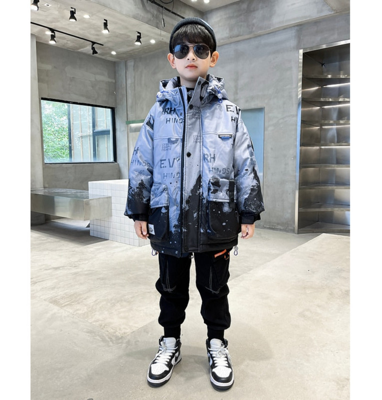 Ziemas bērnu drēbes biezas, siltas kokvilnas jaka ar kapuci zēniem 110-160cm vidējais lielais mētelis bērnu sniega tērps virsdrēbes