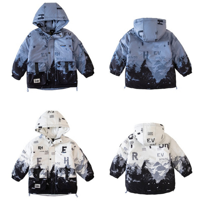 Ziemas bērnu drēbes biezas, siltas kokvilnas jaka ar kapuci zēniem 110-160cm vidējais lielais mētelis bērnu sniega tērps virsdrēbes