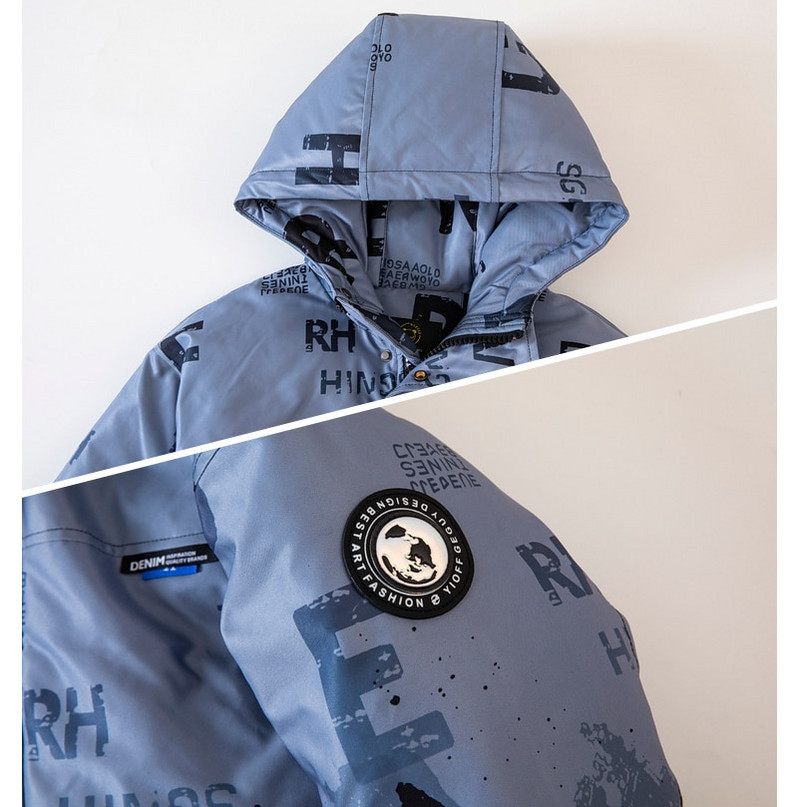 Ziemas bērnu drēbes biezas, siltas kokvilnas jaka ar kapuci zēniem 110-160cm vidējais lielais mētelis bērnu sniega tērps virsdrēbes