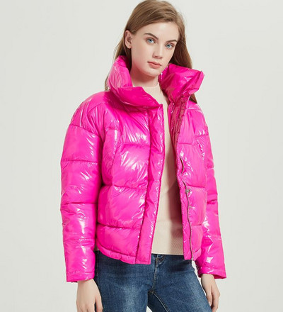 Ziemas mirdzoša jaka sievietēm Rose Red Parka sieviešu maize ziemas dūnu Parkas Parka kokvilnas polsterēts spīdošs ūdensizturīgs mētelis