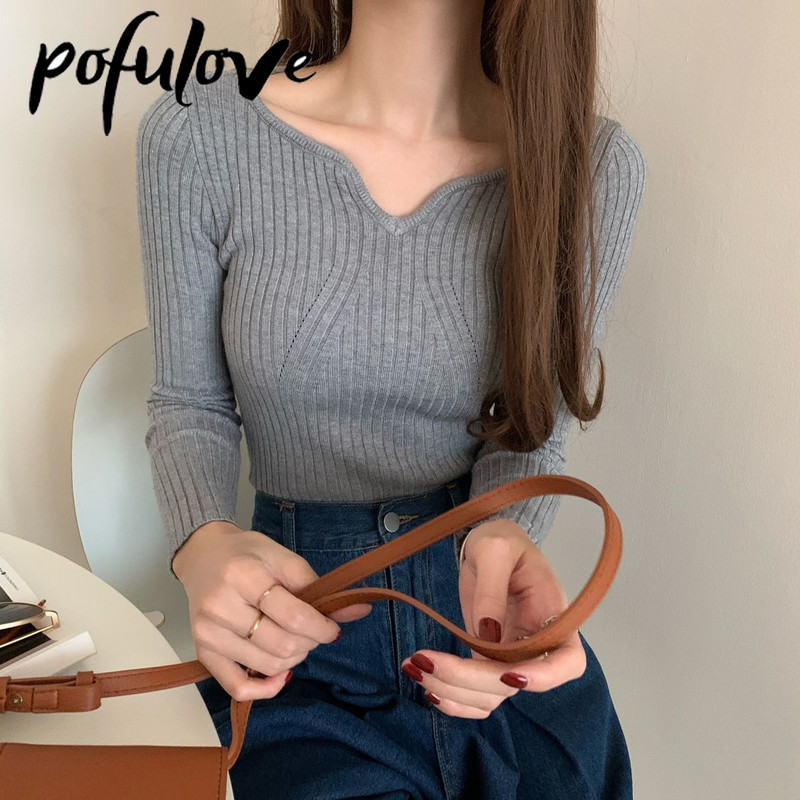 Sieviešu džemperis, džemperis ar V kakla izgriezumu, garām piedurknēm, trikotāžas džemperis, plāns korejiešu, plāns, ciets, pamata trikotāžas džemperis rudens un ziemas sezonai