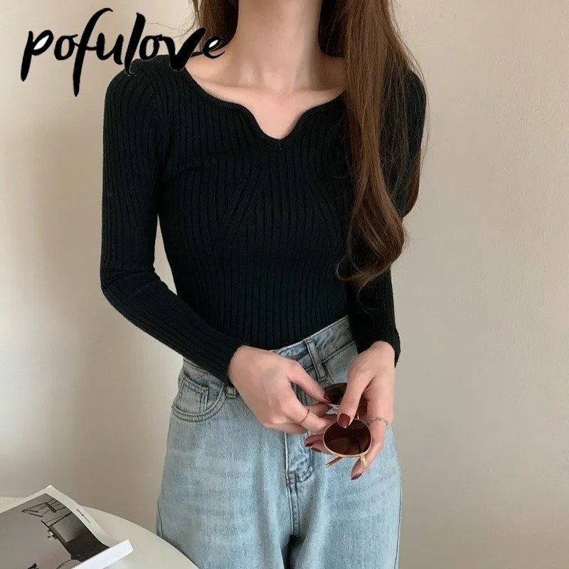 Sieviešu džemperis, džemperis ar V kakla izgriezumu, garām piedurknēm, trikotāžas džemperis, plāns korejiešu, plāns, ciets, pamata trikotāžas džemperis rudens un ziemas sezonai