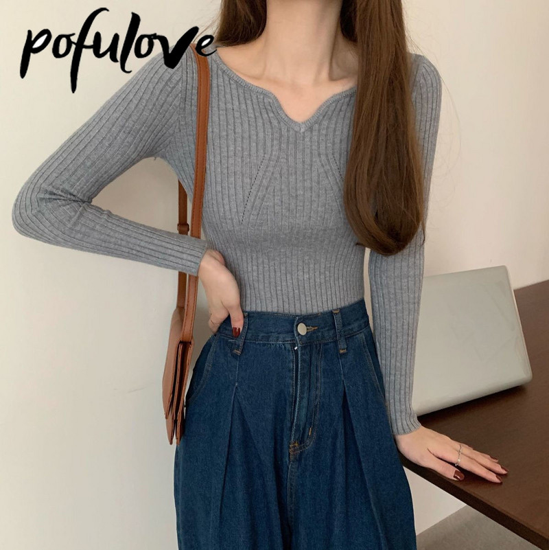 Sieviešu džemperis, džemperis ar V kakla izgriezumu, garām piedurknēm, trikotāžas džemperis, plāns korejiešu, plāns, ciets, pamata trikotāžas džemperis rudens un ziemas sezonai