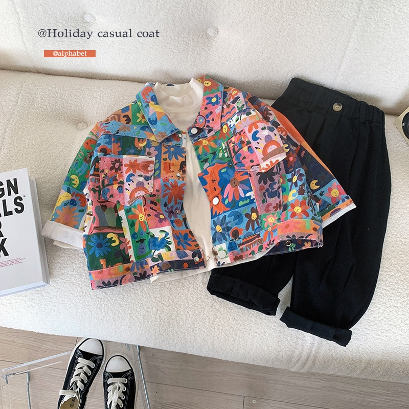 Zēnu jaka Grafiti mētelis Streetwear Stand Collar 2022 Jauna jaka Bērnu jakas zēniem