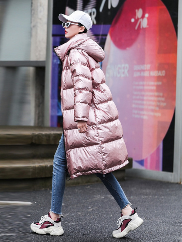 Sieviešu ziemas mēteļi ar garu kapuci Modes spīdīgi silti, biezi polsterēti kokvilnas mēteļi, liela izmēra sieviešu dūnu jakas