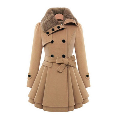 Дамско зимно тънко дълго вълнено палто шерпа с двуредно подплатено корейско кашмирено палто Тренч в английски стил