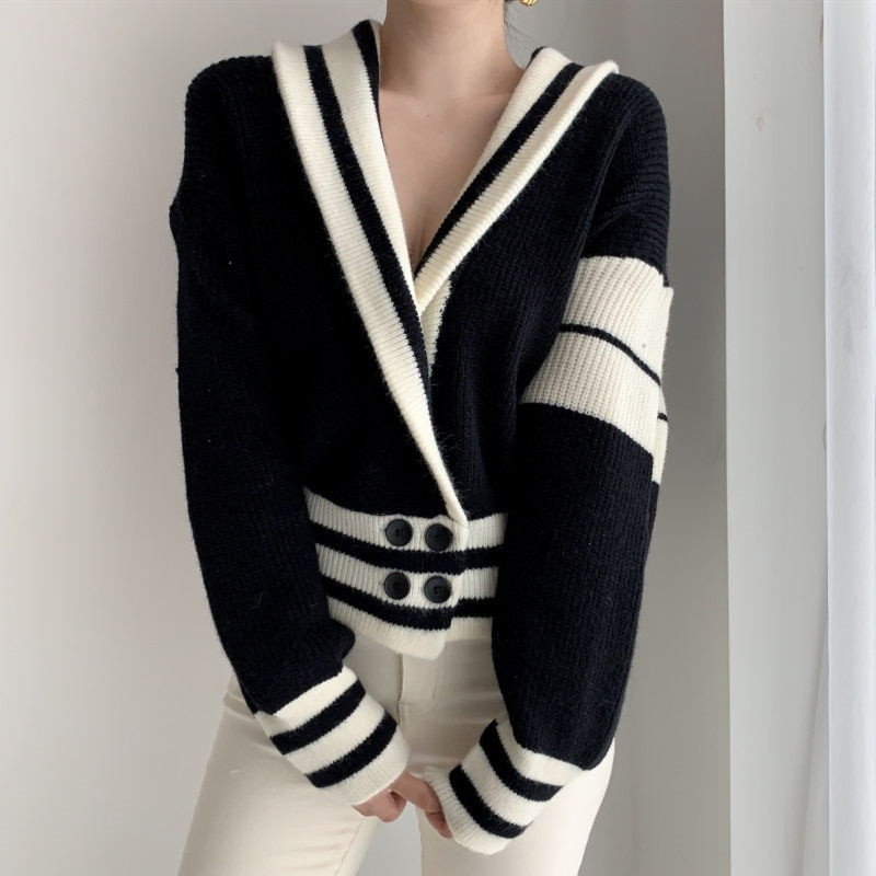 Rudens ziemas trikotāžas džemperis, svītrains sieviešu džemperis ar V kakla izgriezumu, korejiešu stila sieviete, bez pleca, džemperi, džemperi, 2022. gada topi