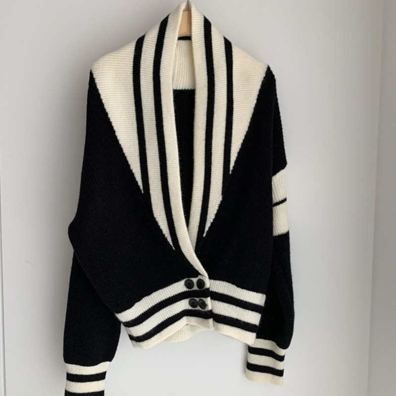 Rudens ziemas trikotāžas džemperis, svītrains sieviešu džemperis ar V kakla izgriezumu, korejiešu stila sieviete, bez pleca, džemperi, džemperi, 2022. gada topi