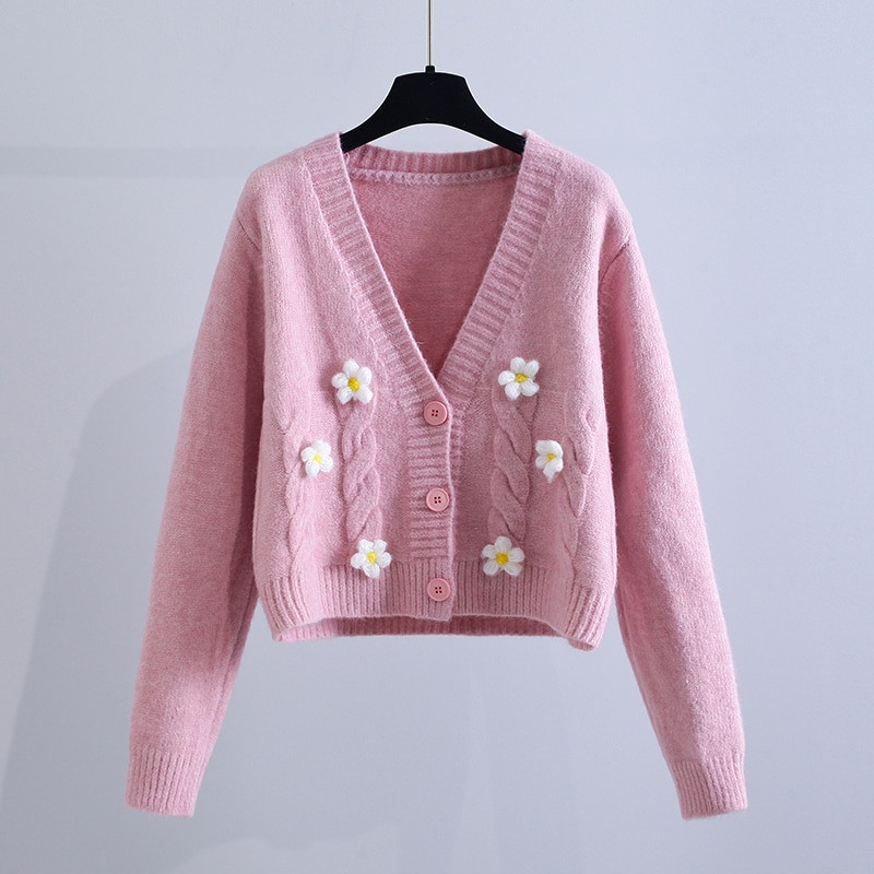 Elliexi džemperis sievietēm, jaciņš, rozā, salds ielas apģērbs, sieviešu modes mīksts džemperis ar pilnām piedurknēm, ziediem, maza margrietiņa V veida kakla izgriezums