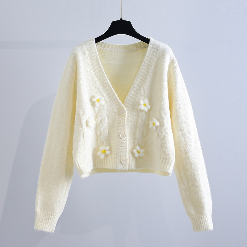 Elliexi džemperis sievietēm, jaciņš, rozā, salds ielas apģērbs, sieviešu modes mīksts džemperis ar pilnām piedurknēm, ziediem, maza margrietiņa V veida kakla izgriezums