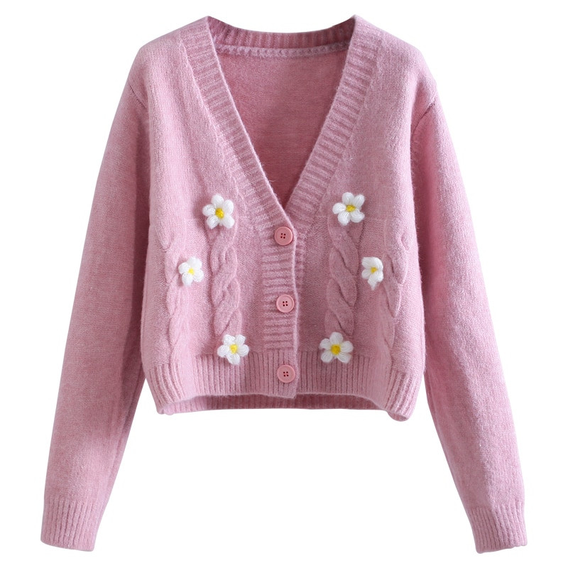 Elliexi džemperis sievietēm, jaciņš, rozā, salds ielas apģērbs, sieviešu modes mīksts džemperis ar pilnām piedurknēm, ziediem, maza margrietiņa V veida kakla izgriezums