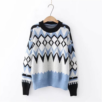 2019. gada sieviešu mode, rudens, ziema, silti, ģeometriski raksti ar O veida kakla izgriezumu Sieviešu džemperis ar garām piedurknēm, ikdienas brīvi džemperi, trikotāžas topi jauni