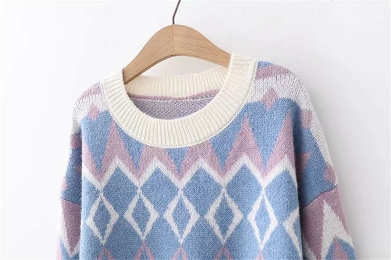 2019. gada sieviešu mode, rudens, ziema, silti, ģeometriski raksti ar O veida kakla izgriezumu Sieviešu džemperis ar garām piedurknēm, ikdienas brīvi džemperi, trikotāžas topi jauni