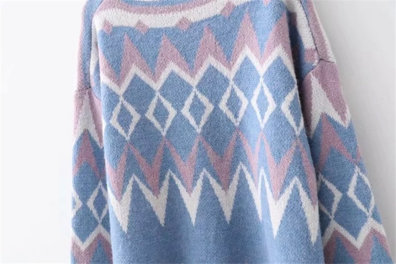 2019. gada sieviešu mode, rudens, ziema, silti, ģeometriski raksti ar O veida kakla izgriezumu Sieviešu džemperis ar garām piedurknēm, ikdienas brīvi džemperi, trikotāžas topi jauni