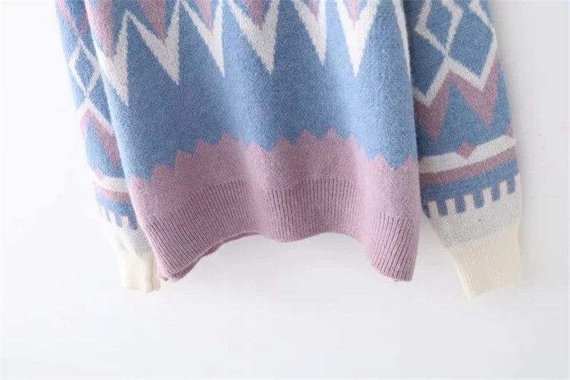 2019. gada sieviešu mode, rudens, ziema, silti, ģeometriski raksti ar O veida kakla izgriezumu Sieviešu džemperis ar garām piedurknēm, ikdienas brīvi džemperi, trikotāžas topi jauni