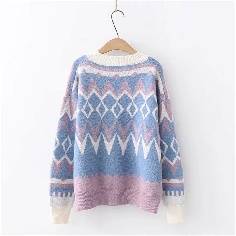 2019. gada sieviešu mode, rudens, ziema, silti, ģeometriski raksti ar O veida kakla izgriezumu Sieviešu džemperis ar garām piedurknēm, ikdienas brīvi džemperi, trikotāžas topi jauni