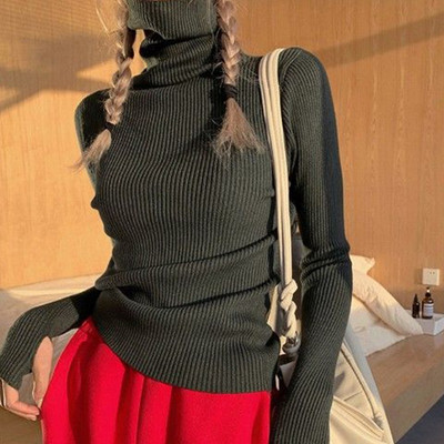 Korejiešu versija Push Collar Trikotāžas džemperis novājēšanu pārvietošanai elastīgs pulovera vītne vienkrāsains iekšpuse apvelkams ziemas džemperi
