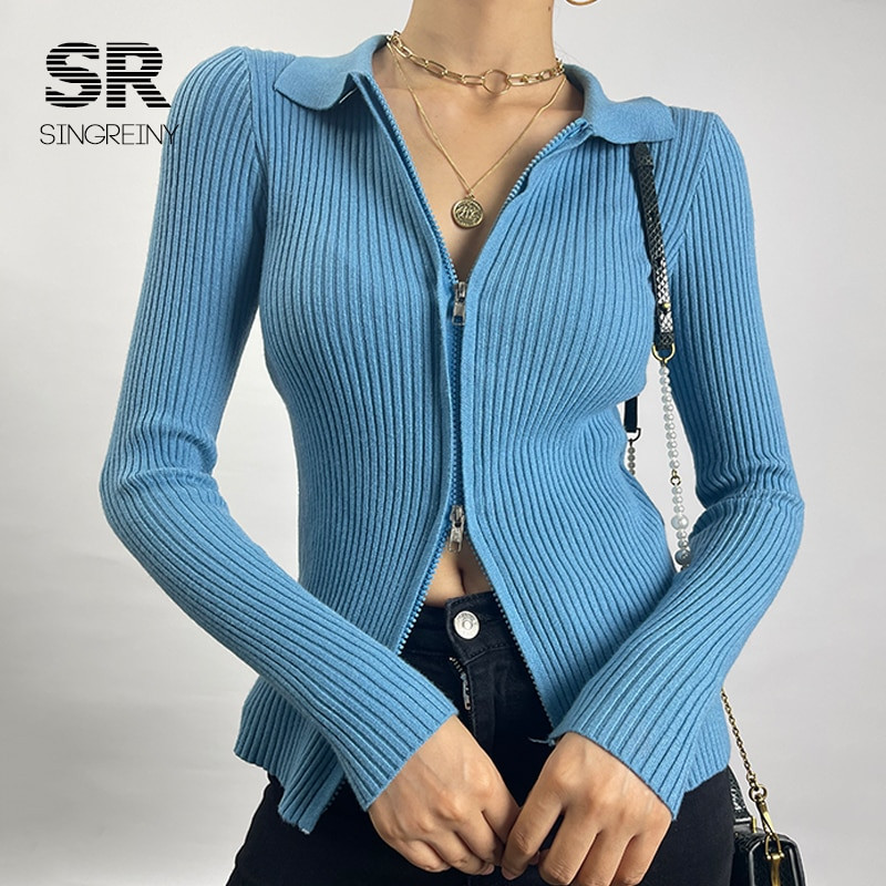 SINGREINY Φθινοπωρινό πλεκτό πουλόβερ με φερμουάρ Γυναικείο πουλόβερ με γιακά με μακρυμάνικο ελαστικό πλεκτό μπλουζάκι Winter fashion Basic πουλόβερ