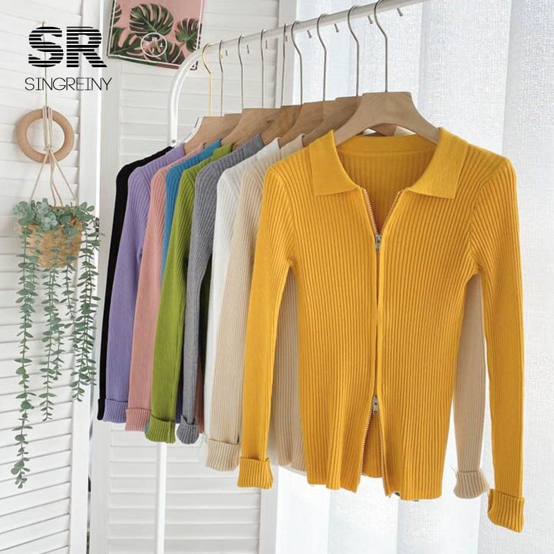 SINGREINY Φθινοπωρινό πλεκτό πουλόβερ με φερμουάρ Γυναικείο πουλόβερ με γιακά με μακρυμάνικο ελαστικό πλεκτό μπλουζάκι Winter fashion Basic πουλόβερ