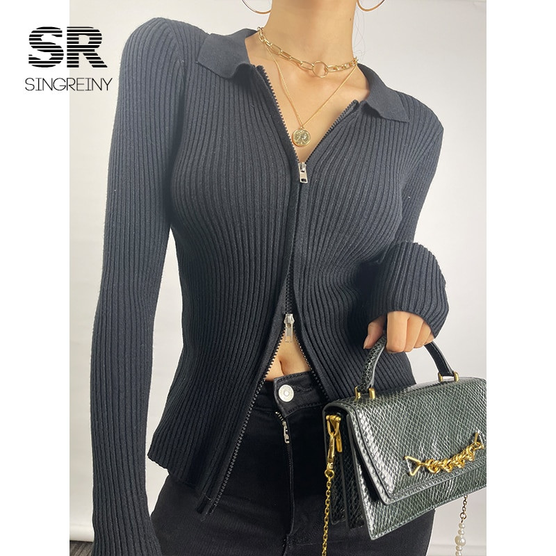 SINGREINY Φθινοπωρινό πλεκτό πουλόβερ με φερμουάρ Γυναικείο πουλόβερ με γιακά με μακρυμάνικο ελαστικό πλεκτό μπλουζάκι Winter fashion Basic πουλόβερ
