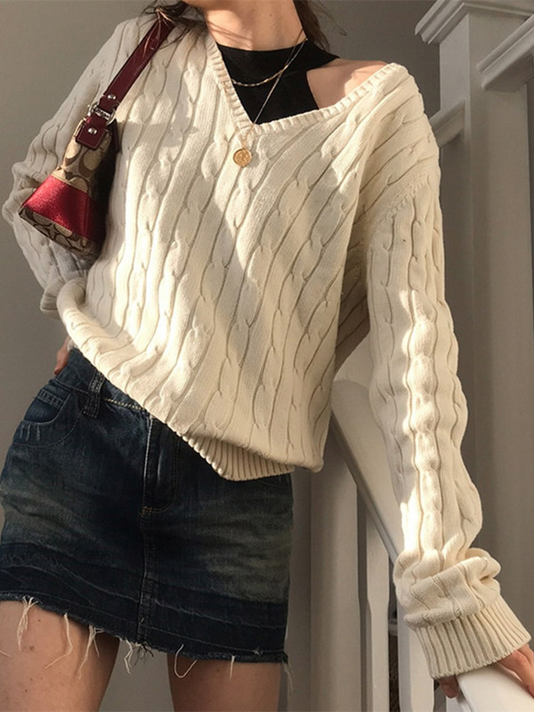 Brandy Mandy pulóverek női fehér kötött pulóver őszi téli V nyakú hosszú ujjú kötött pulóver sötétkék pulóver Brandy lány pulóver